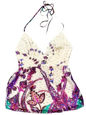 Tibi Cream Halter Top with Purple, Teal & Gold Accents